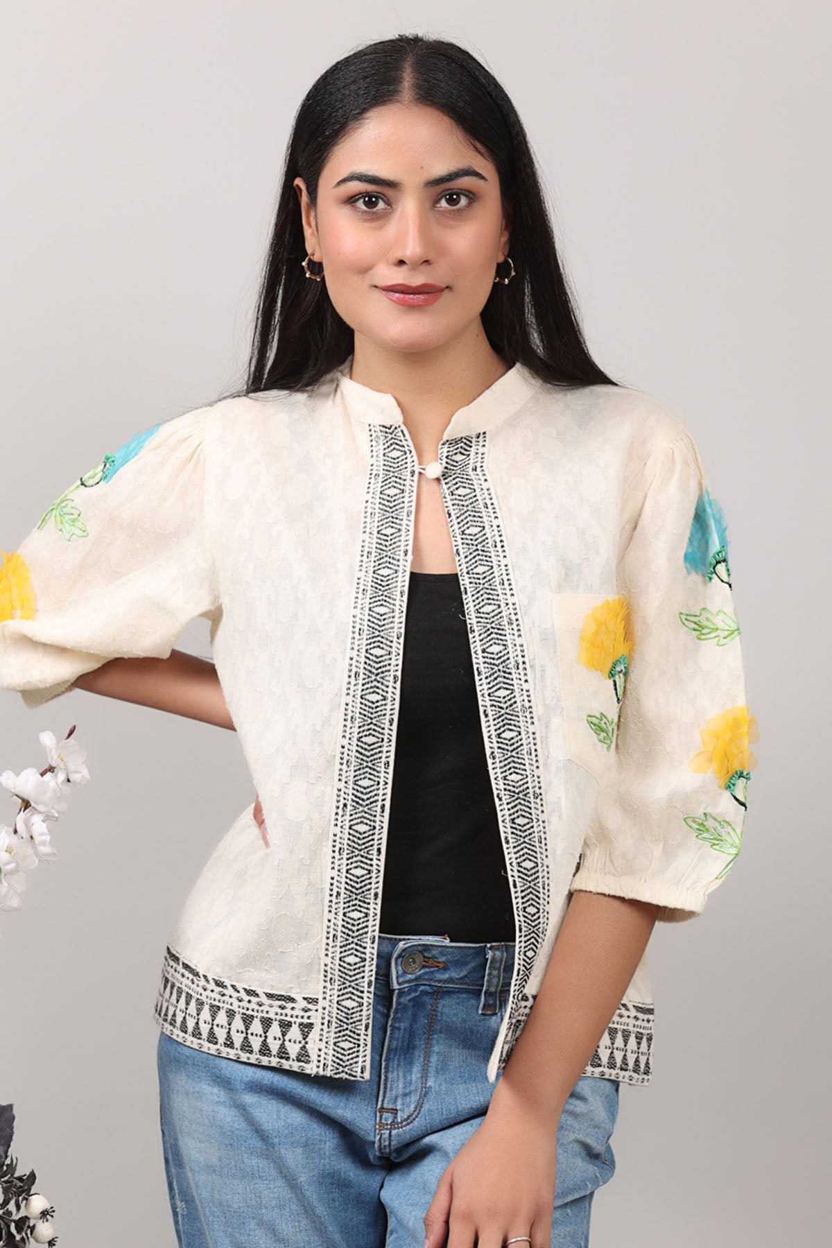 Buy Off-White 3D Embroidered Jacket by OSKOS for women online at ScrollnShops